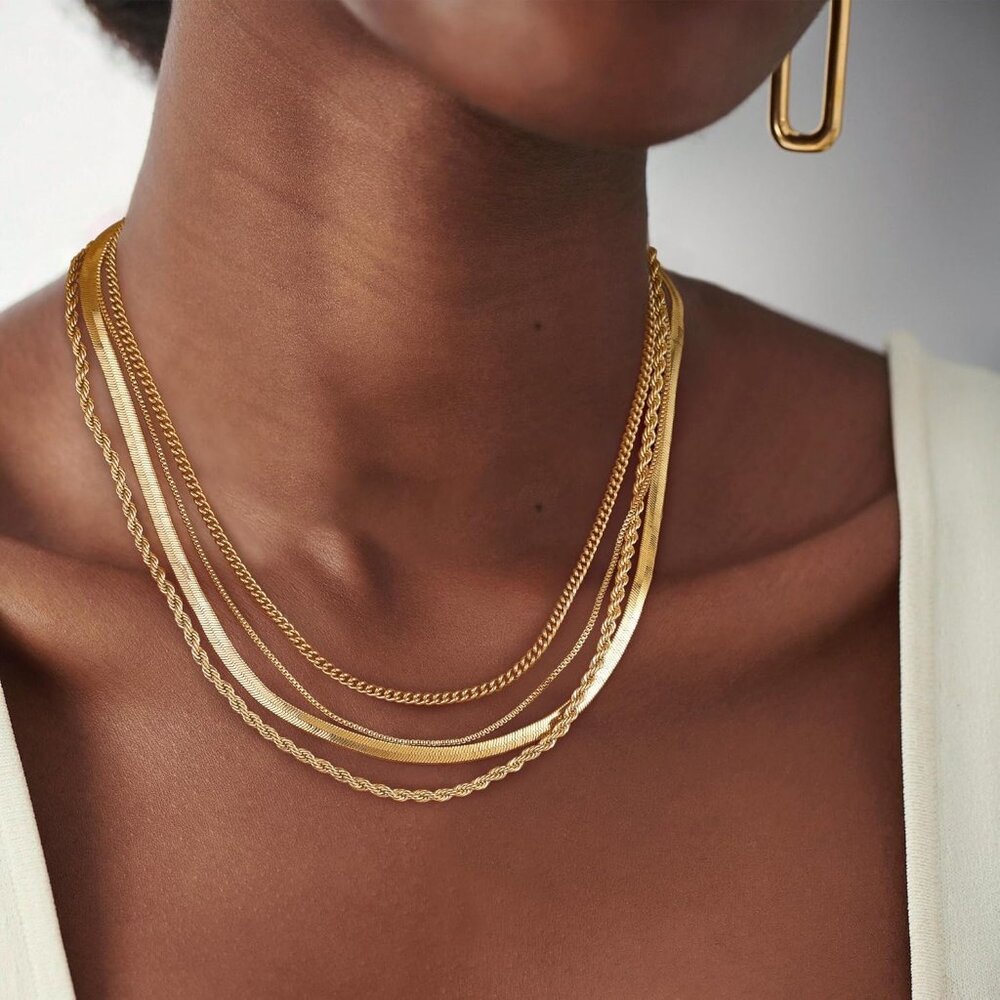 Layered Necklaces for Women Non Tarnish- Chunky 14k Gold Plated Herringbone/Snak - Picture 4 of 8